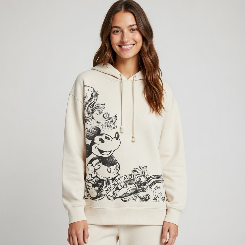 Vintage Look Disney Mickey Mouse Hoodie Cream Sweatshirt Graphic Print Pullover